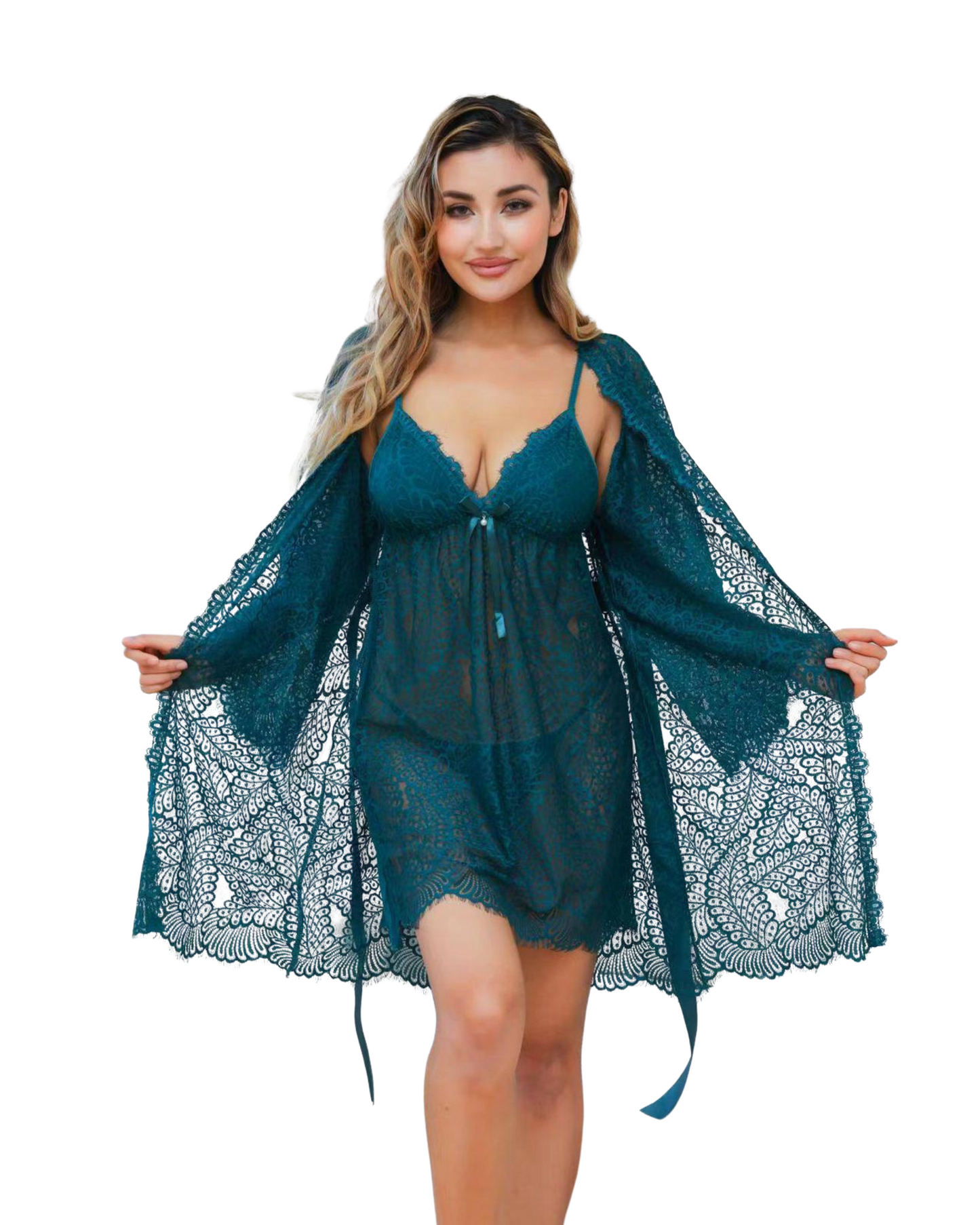 Teal Serenity Lace Chemise & Robe Set