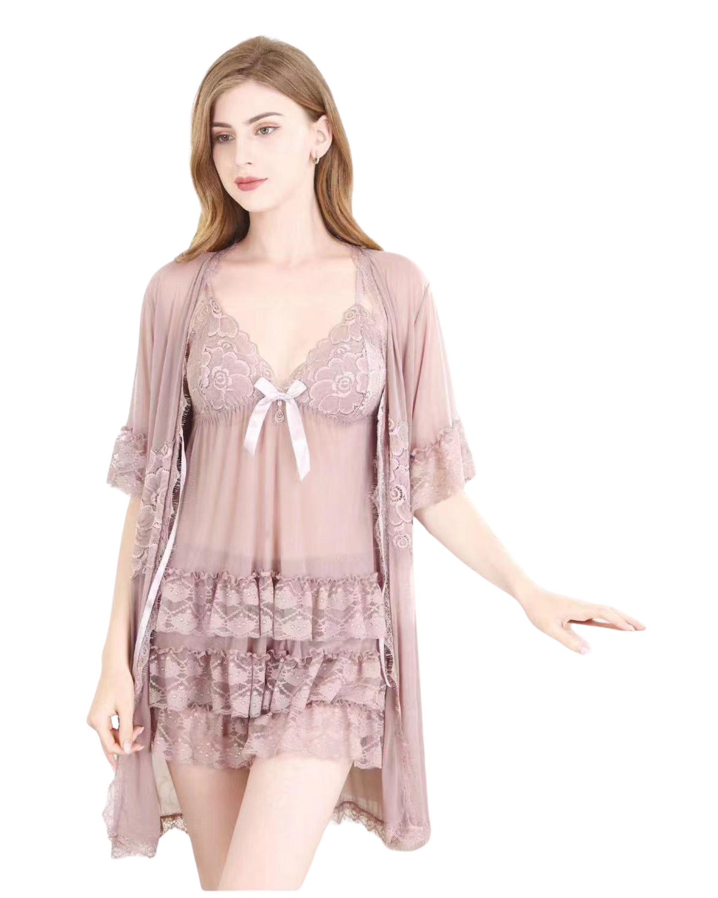 Romantic Mauve Tiered Lace & Sheer Robe Set