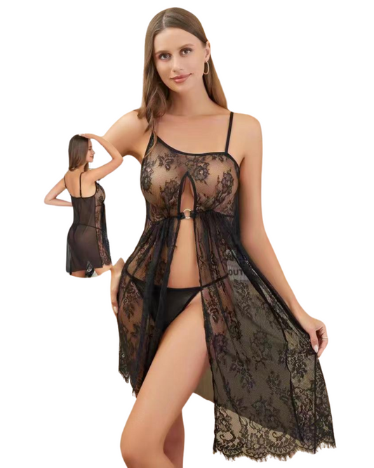 Noir Enchantment Sheer Lace Gown Set